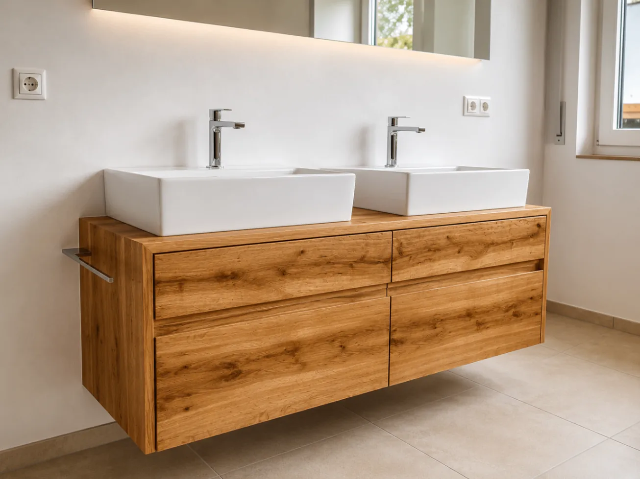 Badmöbel aus Holz mit Doppelwaschtisch