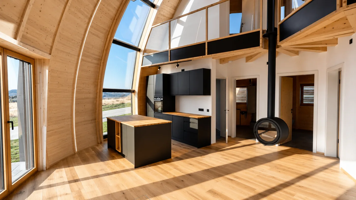 Innenraum mit gebogener Holzarchitektur und schwarzer Küche