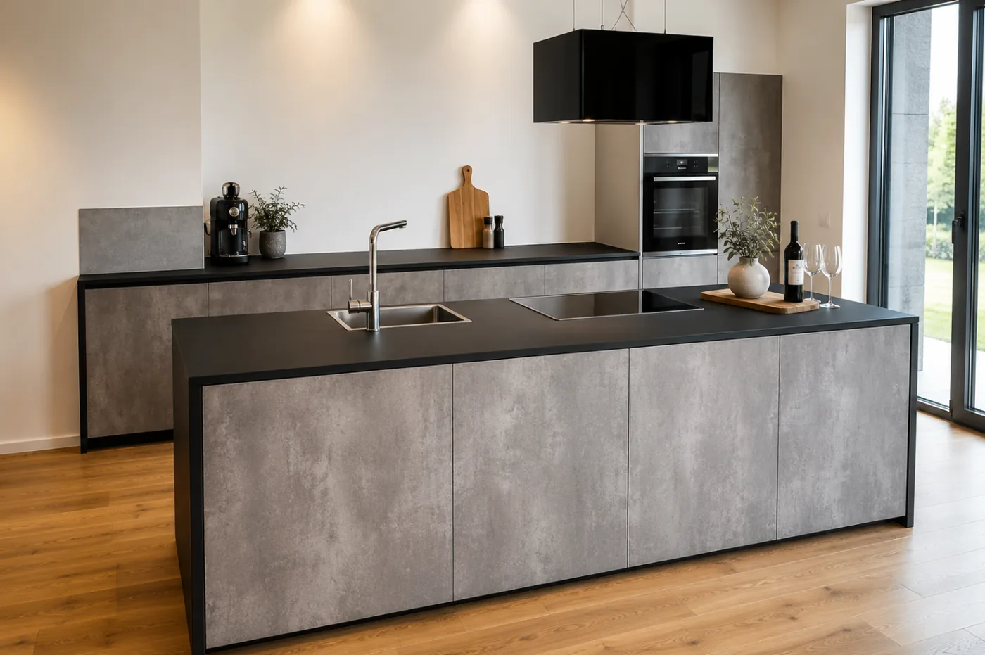 Moderne Küche mit Betonoptik und schwarzer Arbeitsplatte